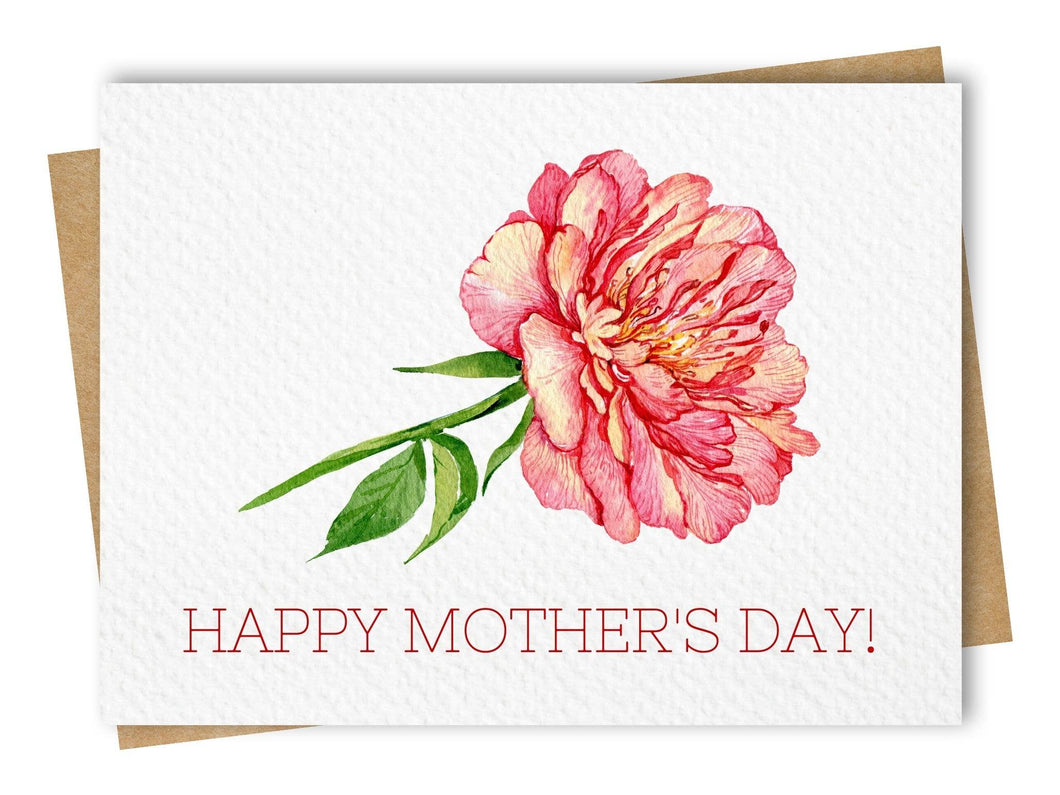 Mother's Day Peony Floral Card - Includes Kraft Envelope: Square